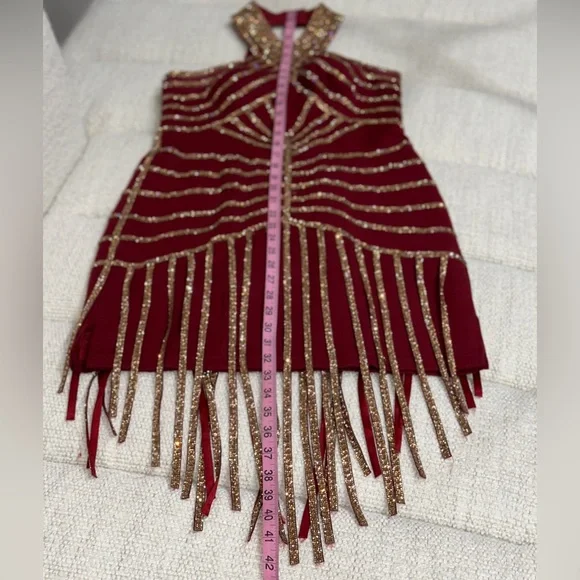 Halter Gold Burgundy Red Short Sparkle Fringe Showgirl Stage Dance Flapper Dress - Picture 9 of 12